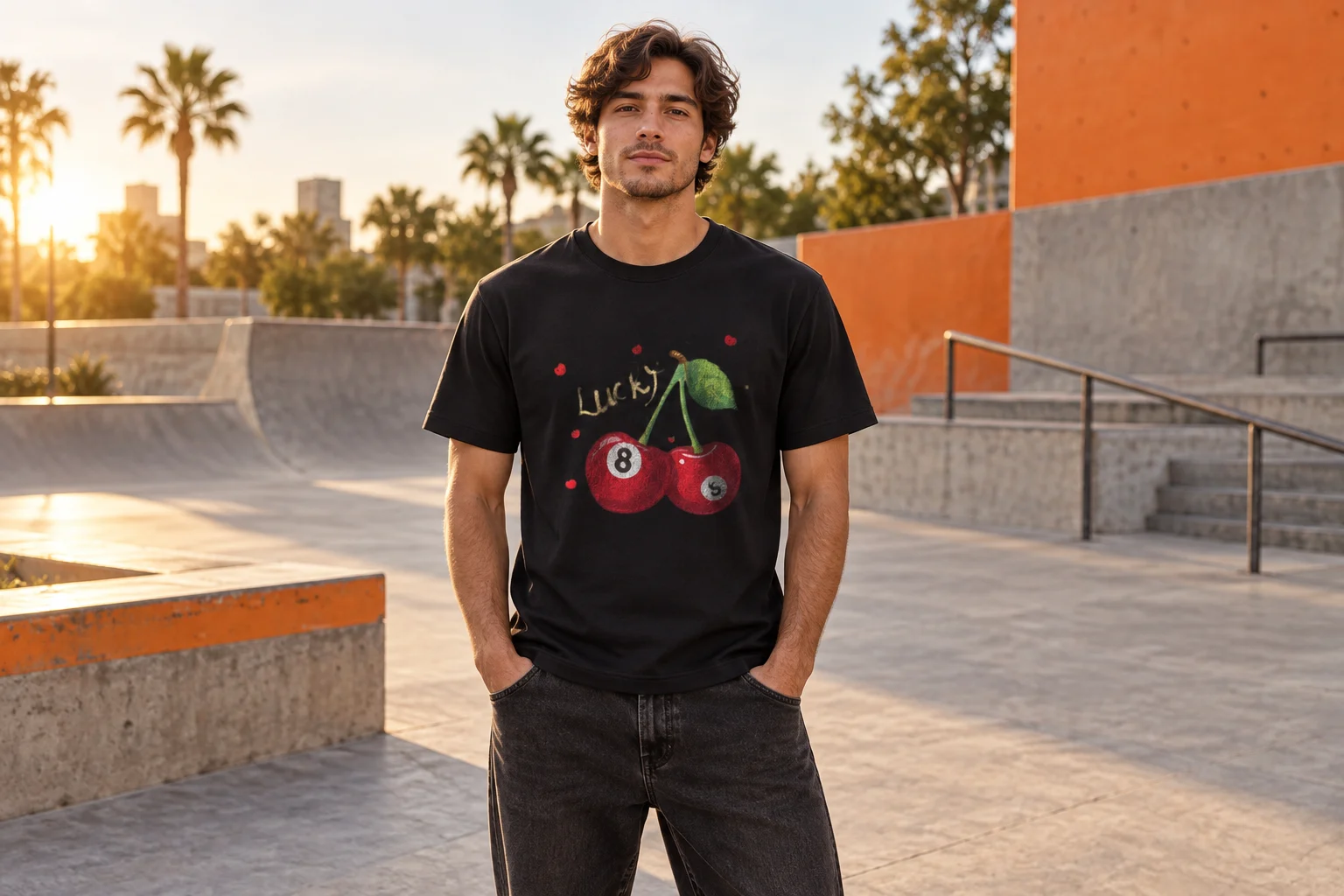 Model wearing the black Lucky Cherry 8 Ball T-shirt