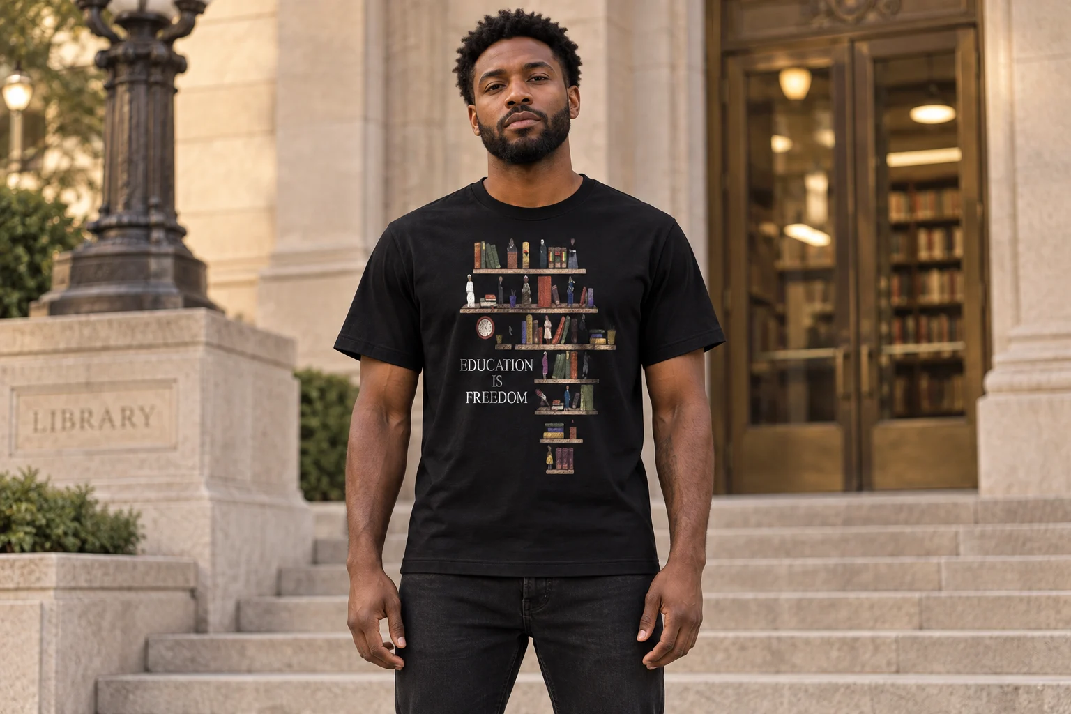 Model wearing the black Education Is Freedom bookshelf T-shirt