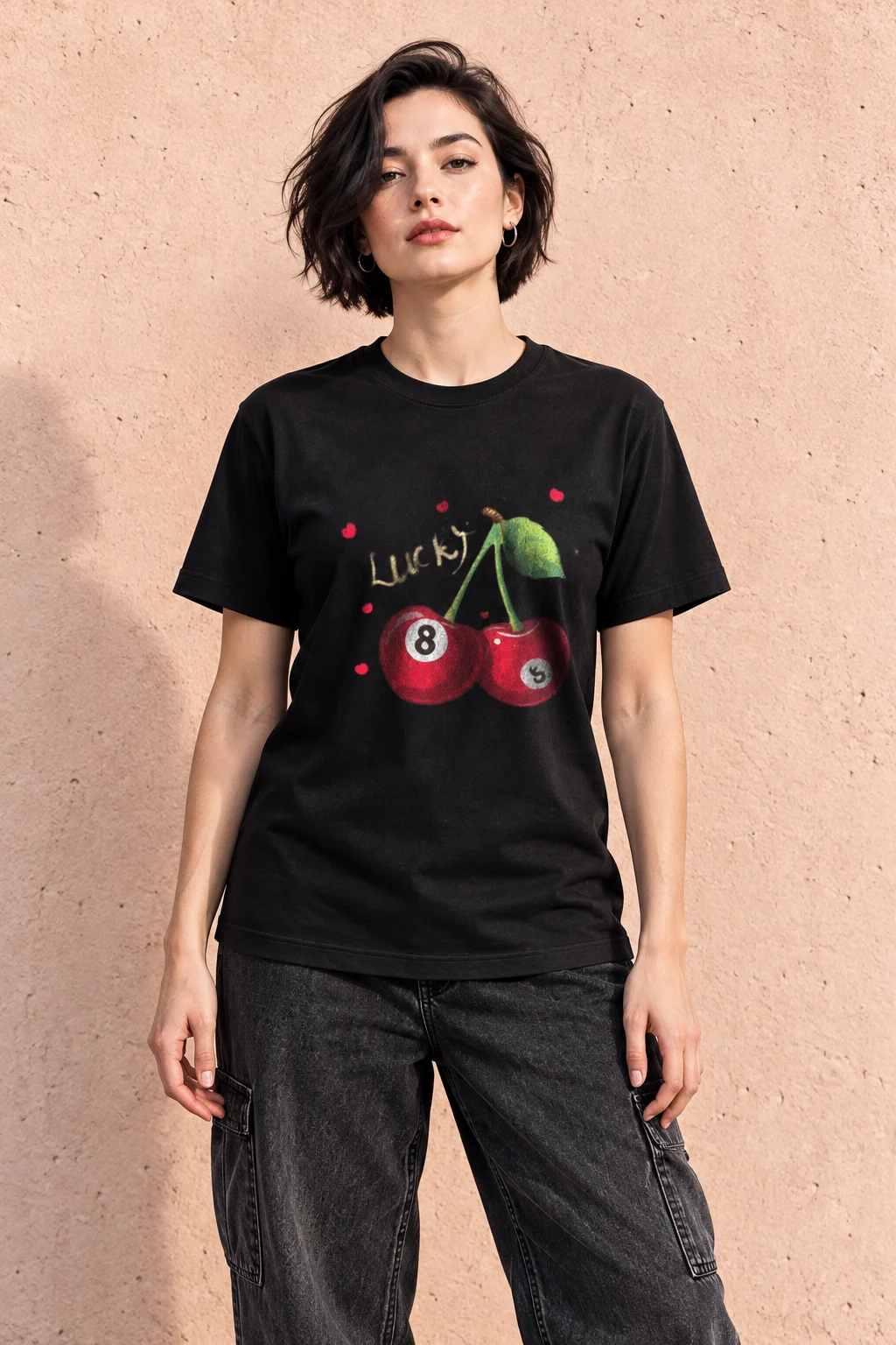 Model wearing the black Lucky Cherry 8 Ball T-shirt