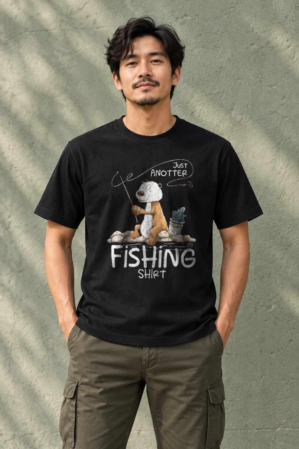 Model wearing the black fishing otter graphic T-shirt