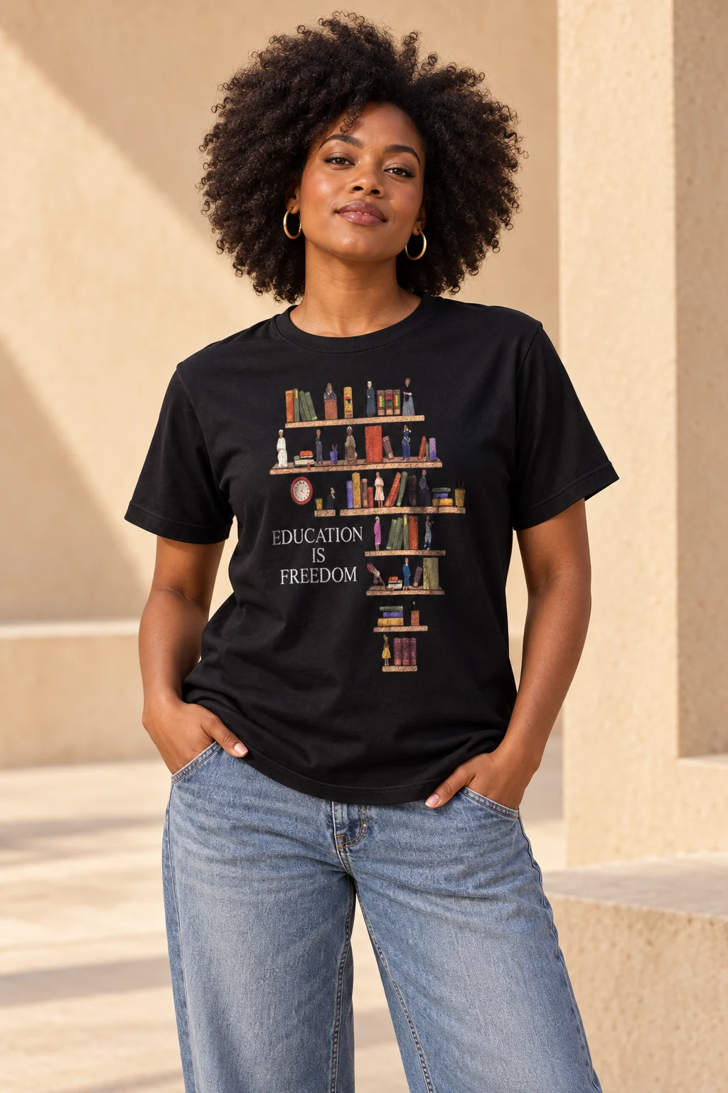 Model wearing the black Education Is Freedom bookshelf T-shirt